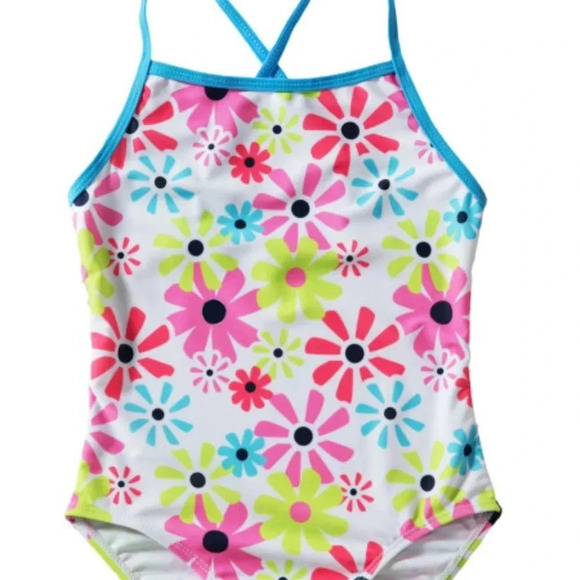 CROSS BACK NEW GIRLS BATHING SUIT SWIMSUIT SWIM PINK FLORAL FLOWERS SIZE L 6 - Picture 1 of 4